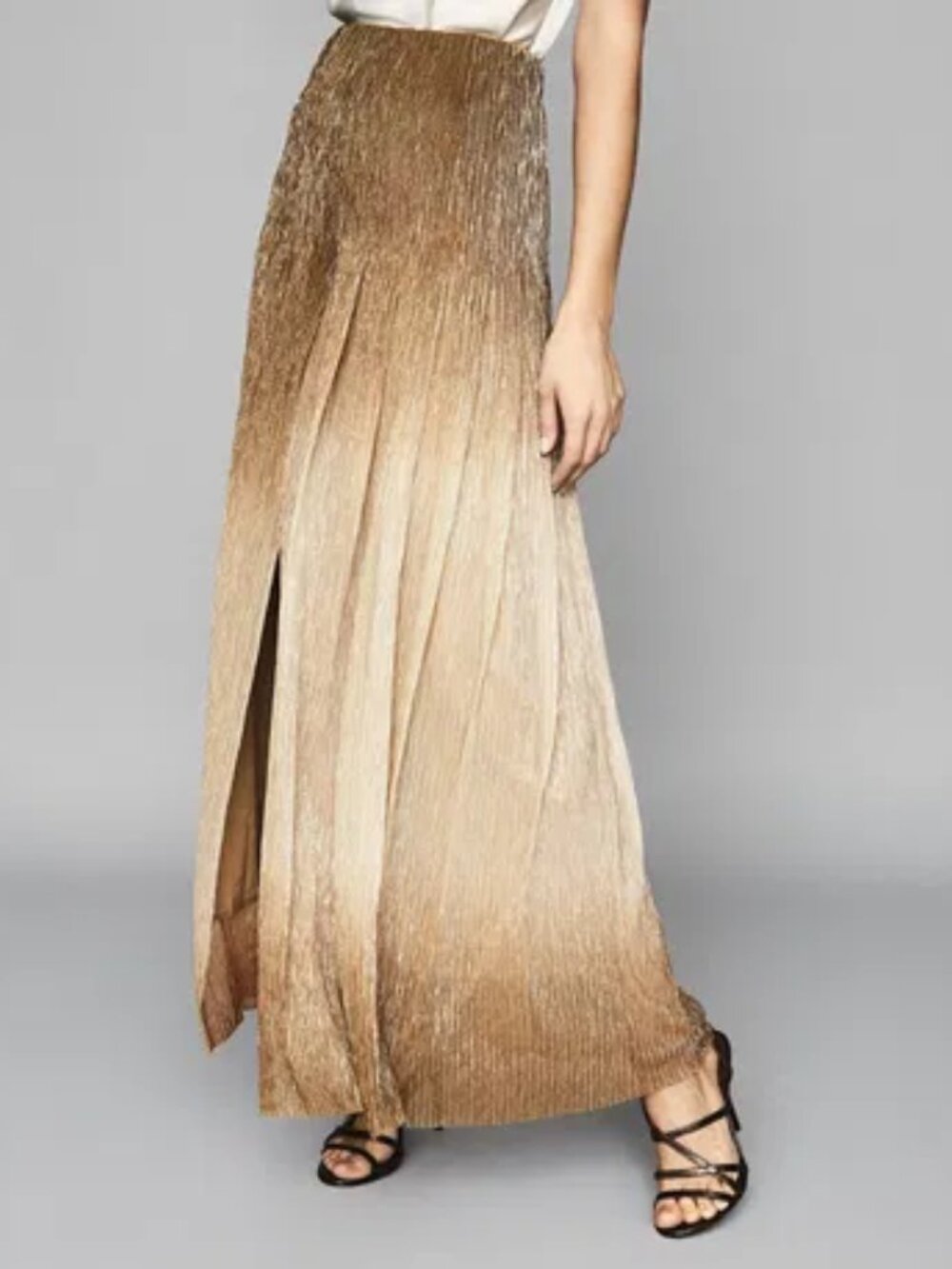 New Reiss Size 2 Gold Champagne Ombré Emmeline Metallic Pleated Maxi Skirt NWT
